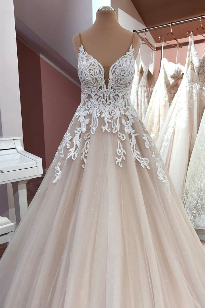 Long A-Line Sequin Tulle Spaghetti Straps Appliques Lace Wedding Dress