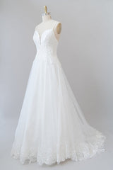 Long A-line Spaghetti Strap Applique Tulle Backless Wedding Dress