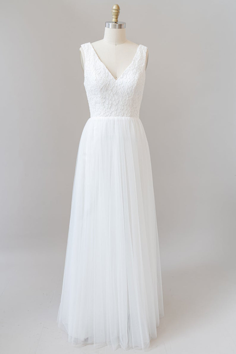 Long A-line Straps V-neck Chiffon Open Back Wedding Dress