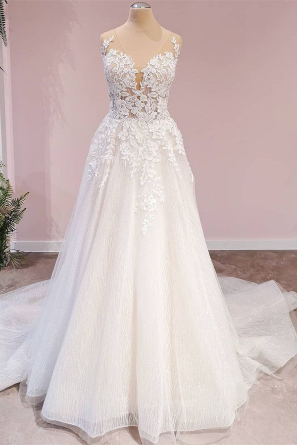 Long A-Line Tulle Backless Appliques Lace Sweetheart Wedding Dress