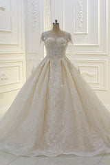 Long Ball Gown Beading Bateau Appliques Lace Wedding Dress with Sleeves