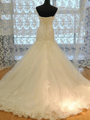 Long Mermaid Strapless Court Train Lace Organza Wedding Dresses