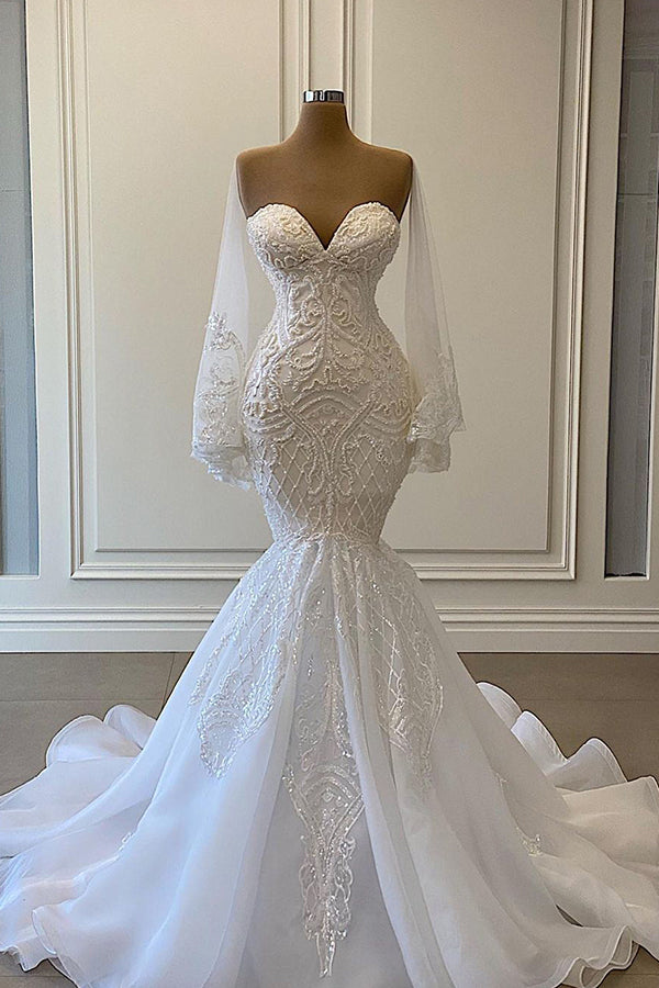 Long Mermaid Sweetheart Strapless Pearls Beadings Lace Wedding Dress with Sleeves