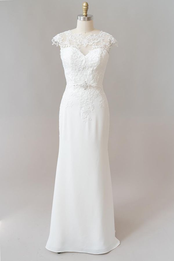 Long Sheath  Illusion Lace Wedding Dress with Cap Sleeve