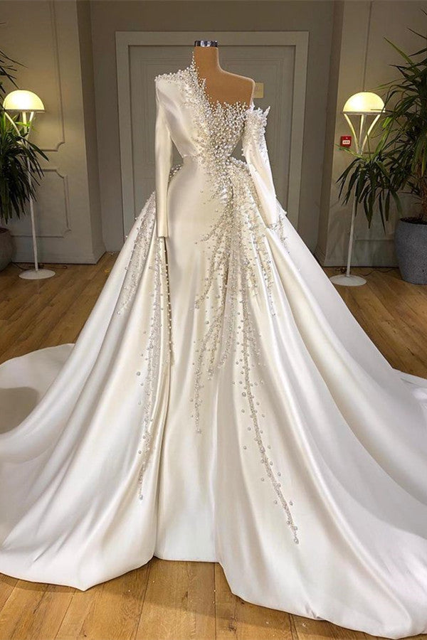 Luxurious Long Sleeve Pearls Overskirt Wedding Dress Online