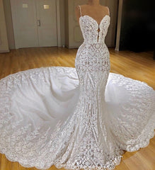 Modern Lace Mermaid Wedding Dresses Spaghetti Straps Appliques Bridal Gowns