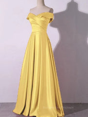 Off the Shoulder Satin Long Prom Dresses, Satin Formal Bridesmaid Dresses