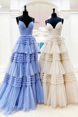 Pink V Neck Layers Tulle Long Ball Gown,Light Blue A Line Spaghetti Strap Evening Dresses