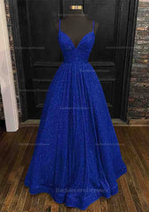 Princess A Line V Neck Spaghetti Straps Long Floor Length Sequined Prom Dress With Pleated