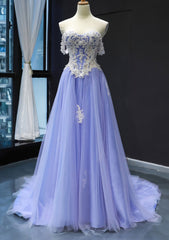 Princess Off The Shoulder Sweep Train Tulle Satin Prom Dress With Appliqued