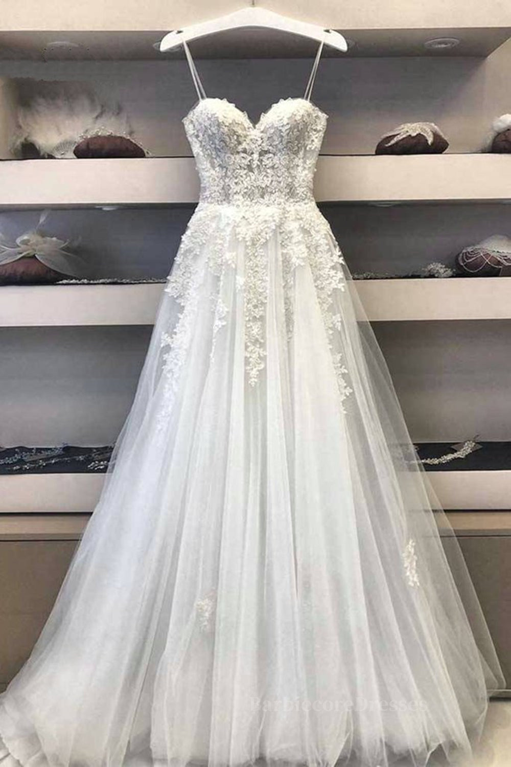 Princess Sweetheart Neck White Lace Prom Wedding Dresses, Ivory Lace Formal Dresses, White Evening Dresses