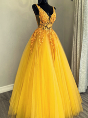 Yellow Tulle With Lace Applique Long Party Dress, A-Line Yellow Formal Dress