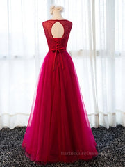 Round Neck Burgundy Beaded Prom Dresses, Wine Red Beaded Formal Evening Bridesmaid Dresses