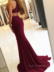 Sheath/Column Halter Sweep Train Jersey Prom Dresses With Leg Slit