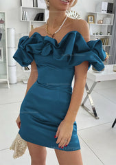 Sheath Column Off The Shoulder Sleeveless Satin Short Mini Homecoming Dress With Ruffles