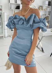 Sheath Column Off The Shoulder Sleeveless Satin Short Mini Homecoming Dress With Ruffles