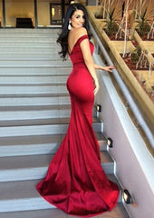 Sheath Column Sleeveless Sweetheart Sweep Train Elastic Satin Prom Dress