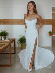 Sheath/Column Strapless Court Train Stretch Crepe Wedding Dresses With Leg Slit