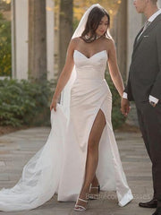 Sheath/Column Sweetheart Sweep Train Satin Wedding Dresses With Leg Slit