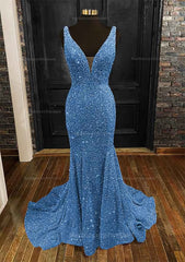 Sheath Column Trumpet Mermaid V Neck Sleeveless Velvet Sequins Sweep Train Prom Dress