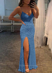 Sheath Column V Neck Spaghetti Straps Long Floor Length Velvet Sequins Prom Dress With Split