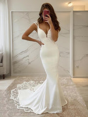 Sheath/Column V-neck Sweep Train Stretch Crepe Wedding Dresses