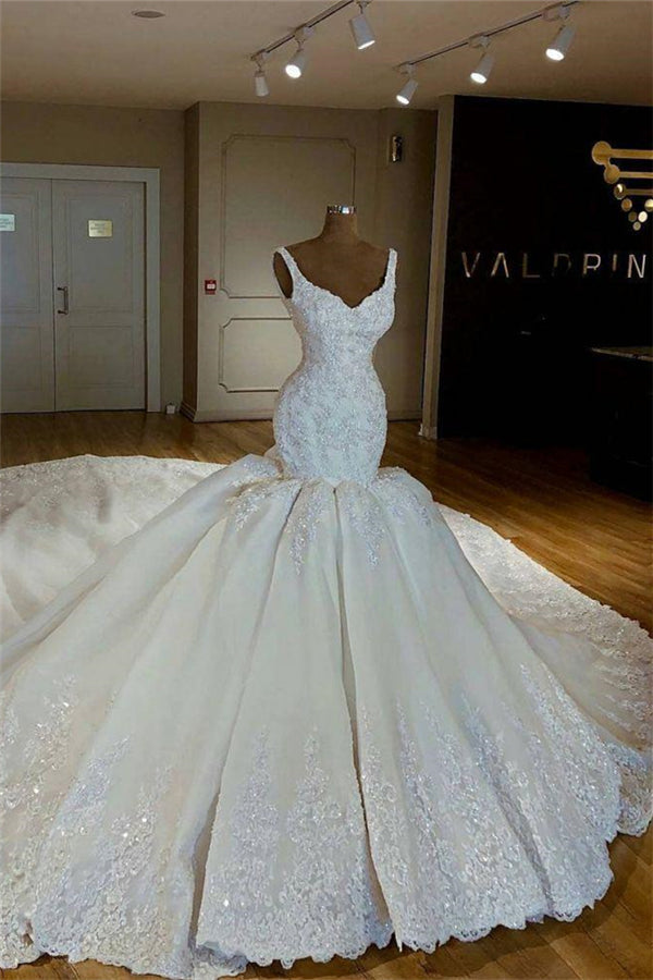 Shiny Mermaid Beading Lace Straps Applique Wedding Dresses