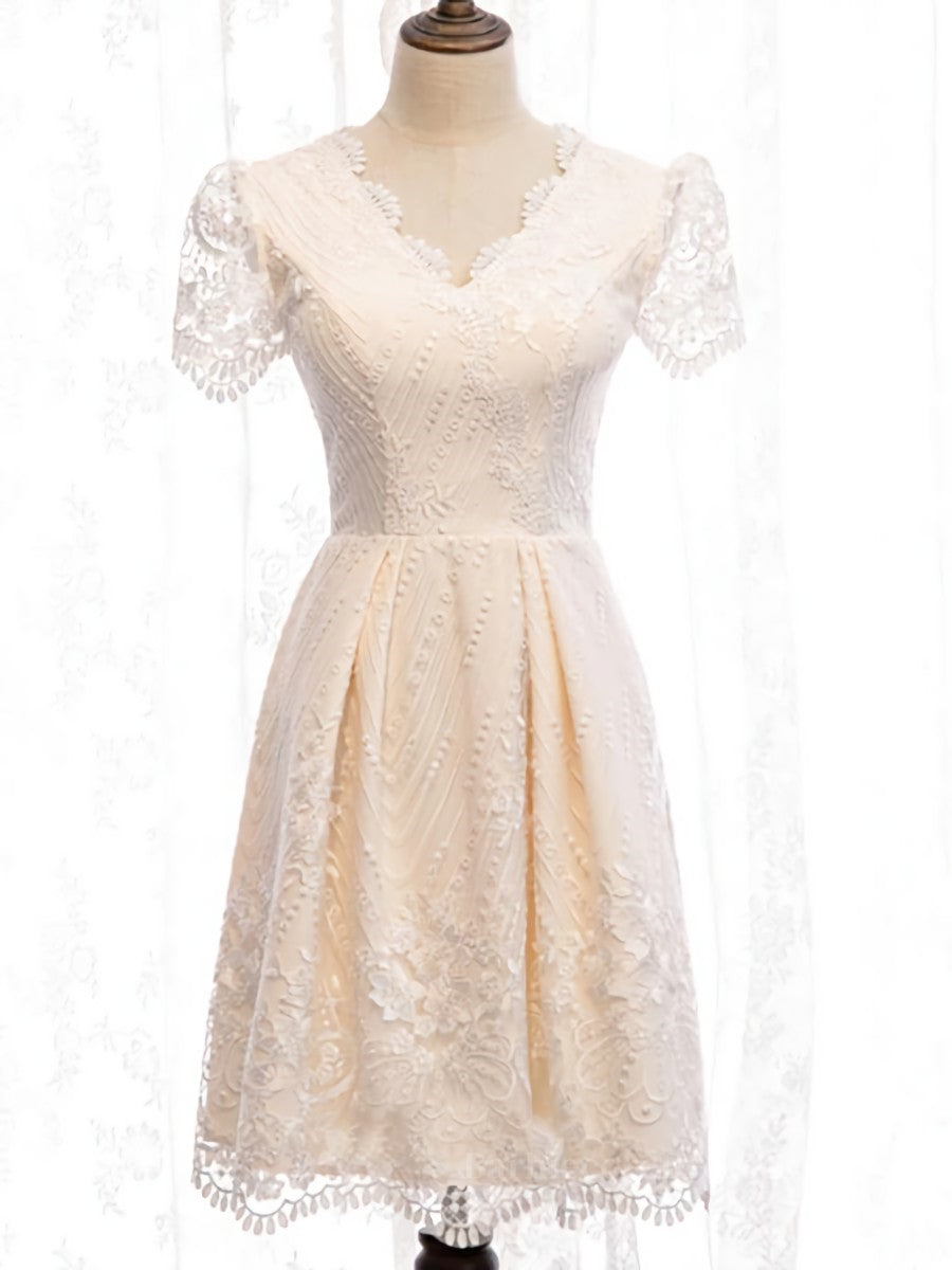 Short Sleeves Short Champagne Lace Prom Dresses, Short Champagne Lace Formal Wedding Dresses