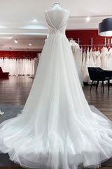 Simple Long V-neck Sequins Ruffles A-line Tulle Backless Wedding Dress