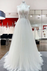 Simple Long V-neck Sequins Ruffles A-line Tulle Backless Wedding Dress