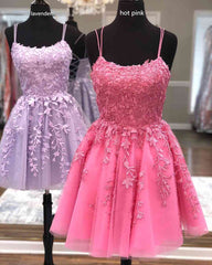 Straps Lace Applique Blue Homecoming Dress,Fuchsia Cocktail Dresses