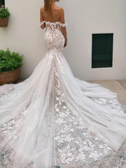 Trumpet/Mermaid Off-the-Shoulder Cathedral Train Tulle Wedding Dresses With Appliques Lace