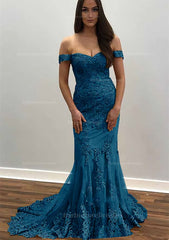 Trumpet Mermaid Off The Shoulder Court Train Tulle Prom Dress With Lace Appliqued