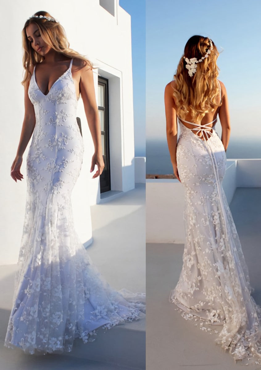 Trumpet Mermaid Spaghetti Straps Court Train Lace Prom Dress