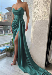 Trumpet Mermaid Sweetheart Strapless Court Train Satin Prom Dress With Pleated Split