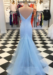 Trumpet Mermaid V Neck Sleeveless Court Train Lace Tulle Prom Dress