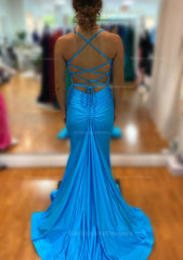 Trumpet Mermaid V Neck Sleeveless Sweep Train Jersey Prom Dress With Pleated