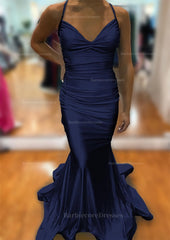 Trumpet Mermaid V Neck Sleeveless Sweep Train Jersey Prom Dress With Pleated