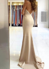 Trumpet Mermaid V Neck Sleeveless Sweep Train Satin Prom Dress