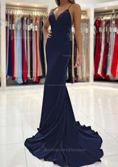 Trumpet Mermaid V Neck Sweep Train Sleeveless Elastic Satin Prom Dress