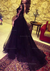 Tulle Long Floor Length A Line Princess Full Long Sleeve Sweetheart Zipper Prom Dress With Appliqued