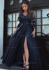 Tulle Long Floor Length A Line Princess Full Long Sleeve Sweetheart Zipper Prom Dress With Appliqued