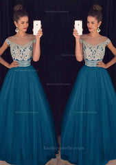 Tulle Long Floor Length A Line Princess Sleeveless Bateau Zipper Prom Dress With Beaded