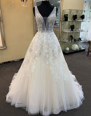 Unique Long A-line Tulle V Neck Beaded Lace Wedding Dress