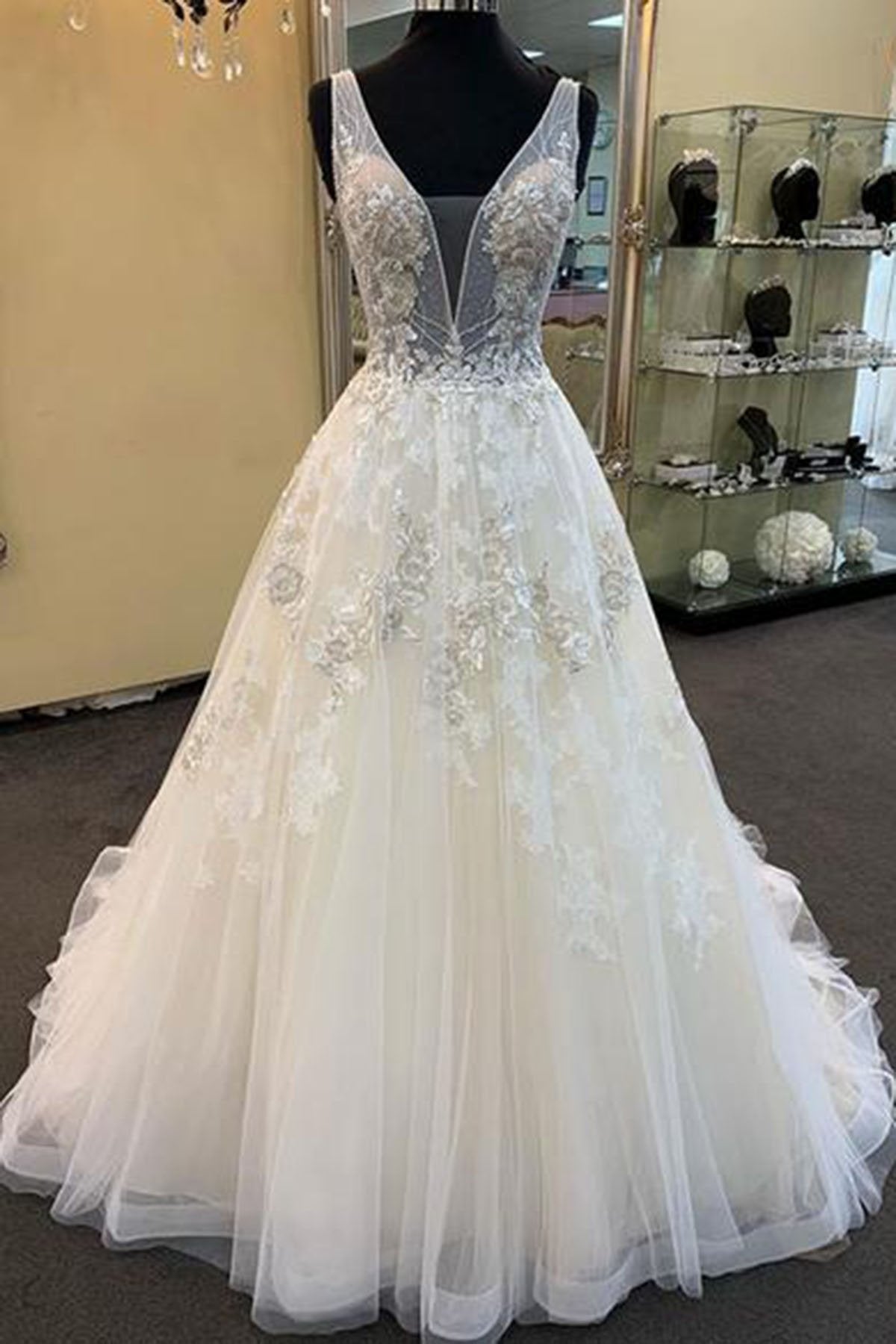 Unique Long A-line Tulle V Neck Beaded Lace Wedding Dress