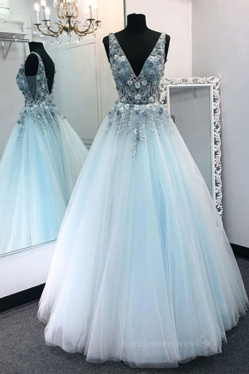 V Neck Appliques Blue Lace Long Prom Dress, Floral Blue Lace Formal Dress, Lace Blue Evening Dress, Ball Gown