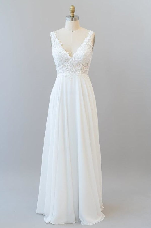 V-neck Appliques Chiffon A-line Wedding Dress