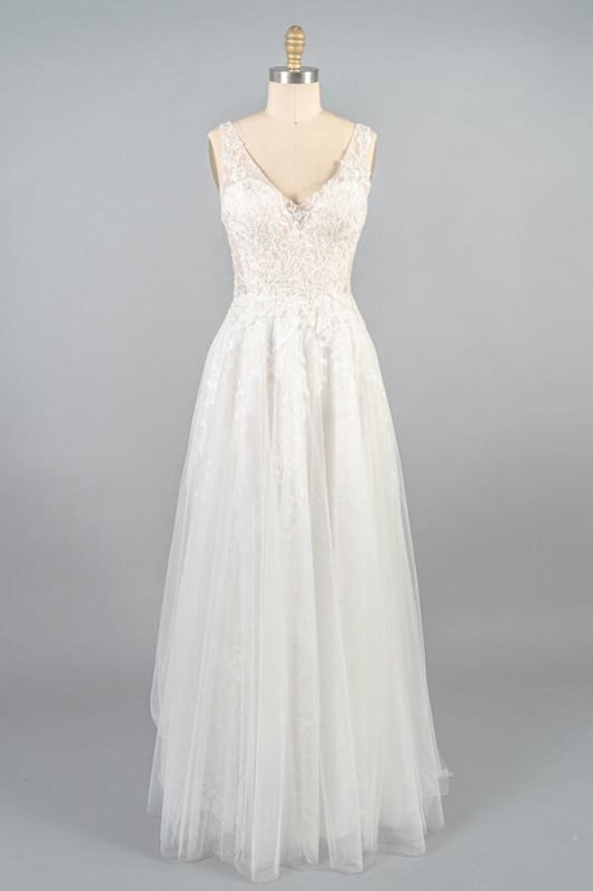 V-neck Appliques Tulle A-line Wedding Dress