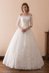 White Lace Long Sleeves Off Shoulder Strapless A Line Floor Length Wedding Dresses