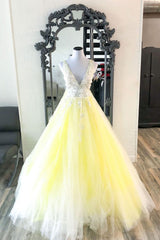 Yellow v neck tulle lace long prom dress yellow formal dress